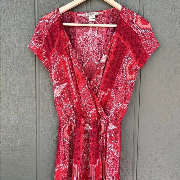 Lucky Brand Women's Boho Maxi Dress Short Sleeve Elastic Waist Red Wrap small - Picture 6 of 7